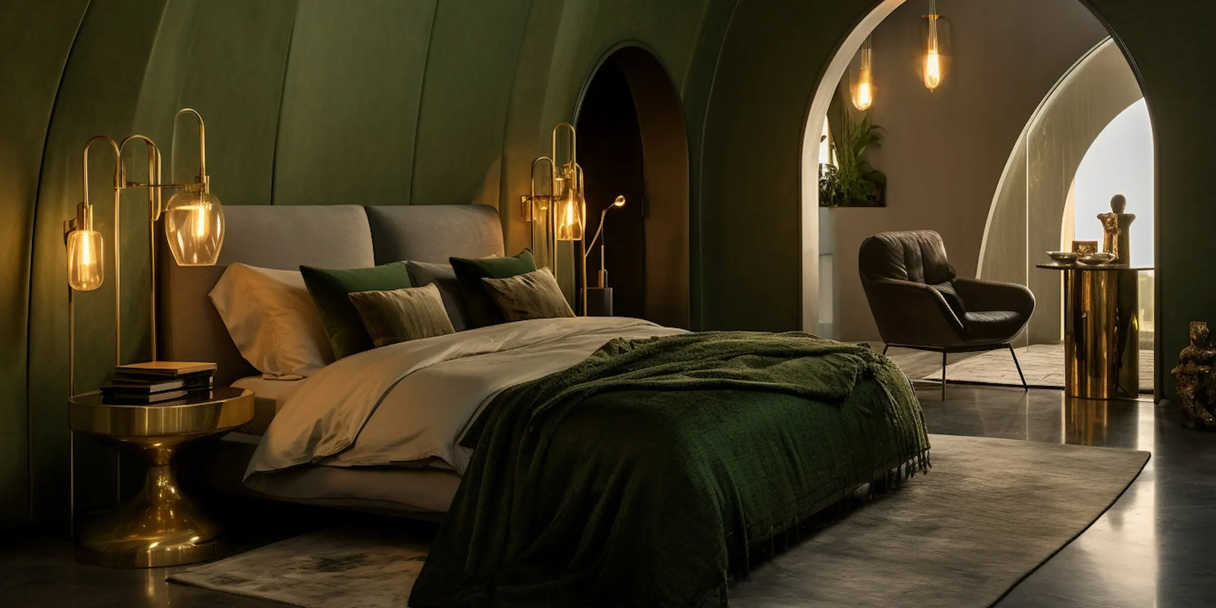 Dunkelgrüne Hotelsuite mit modernem Design, luxuriösem Bett und warmer Beleuchtung