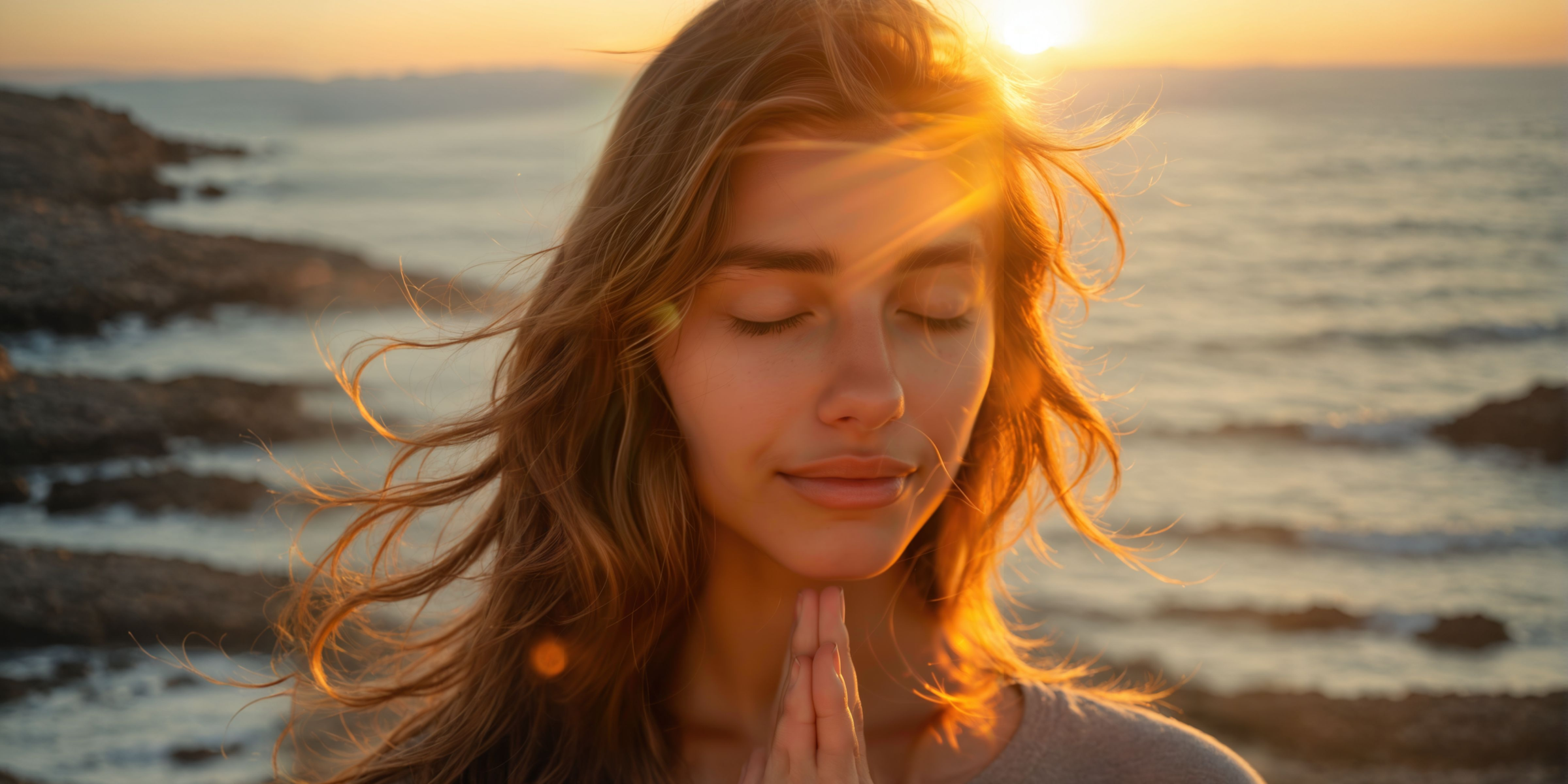 Woman meditating at sunset by the sea, representing the calming essence of Dream Coast ambiance aroma