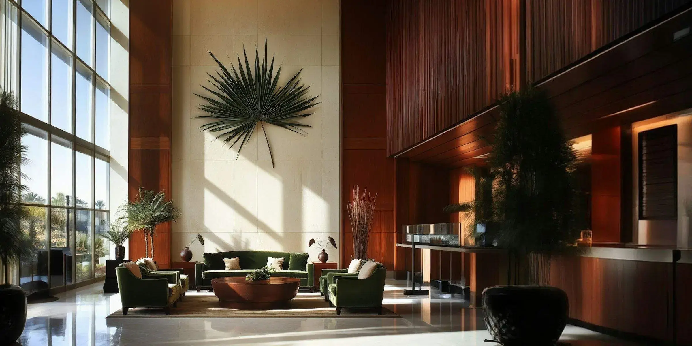 Modern hotel lounge with high windows, warm wood design, green velvet sofas, and natural light