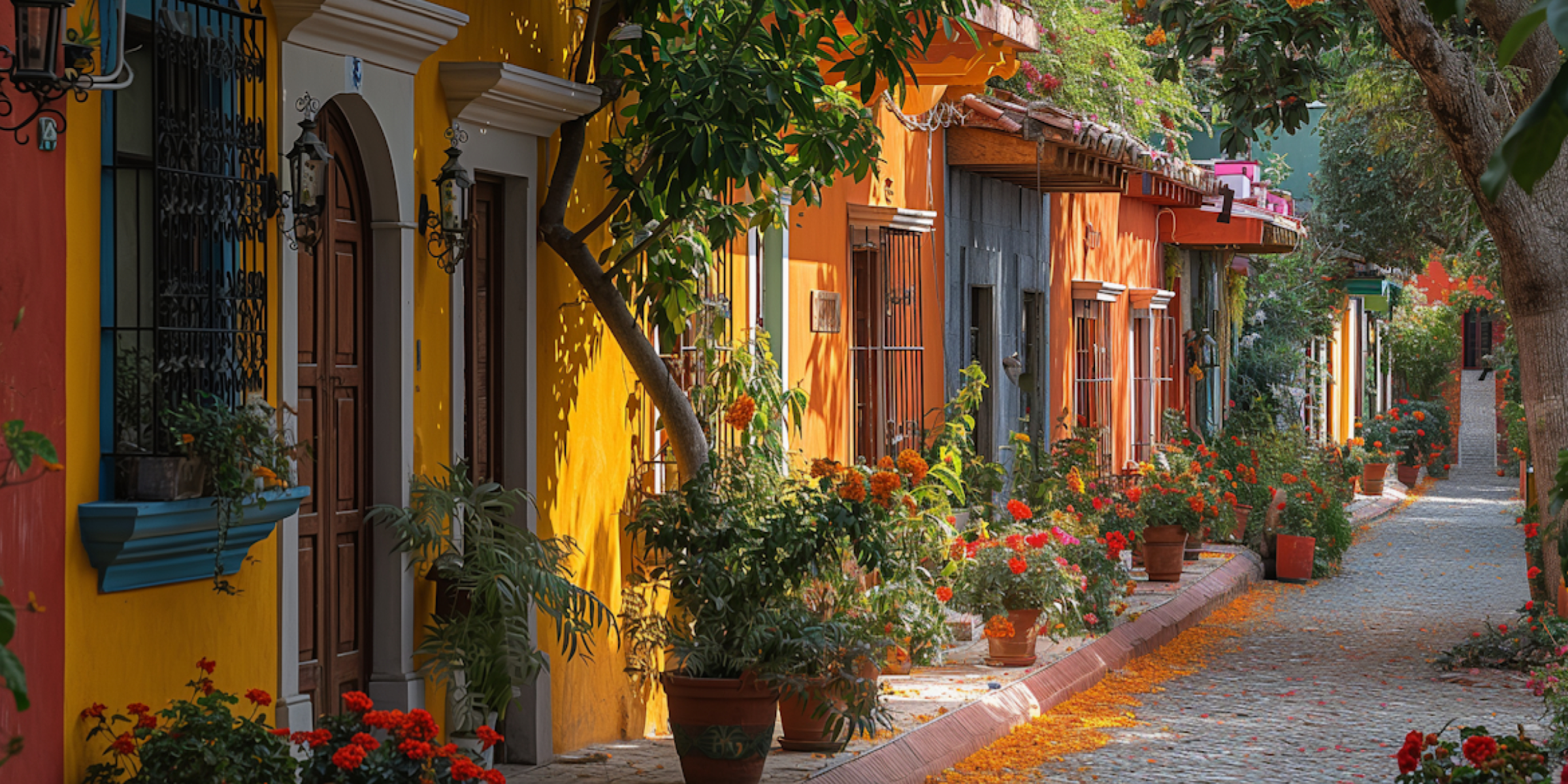 Colorful street in Ibiza with vibrant facades, flowers, and Mediterranean atmosphere – Ibiza Chic fragrance experience.
