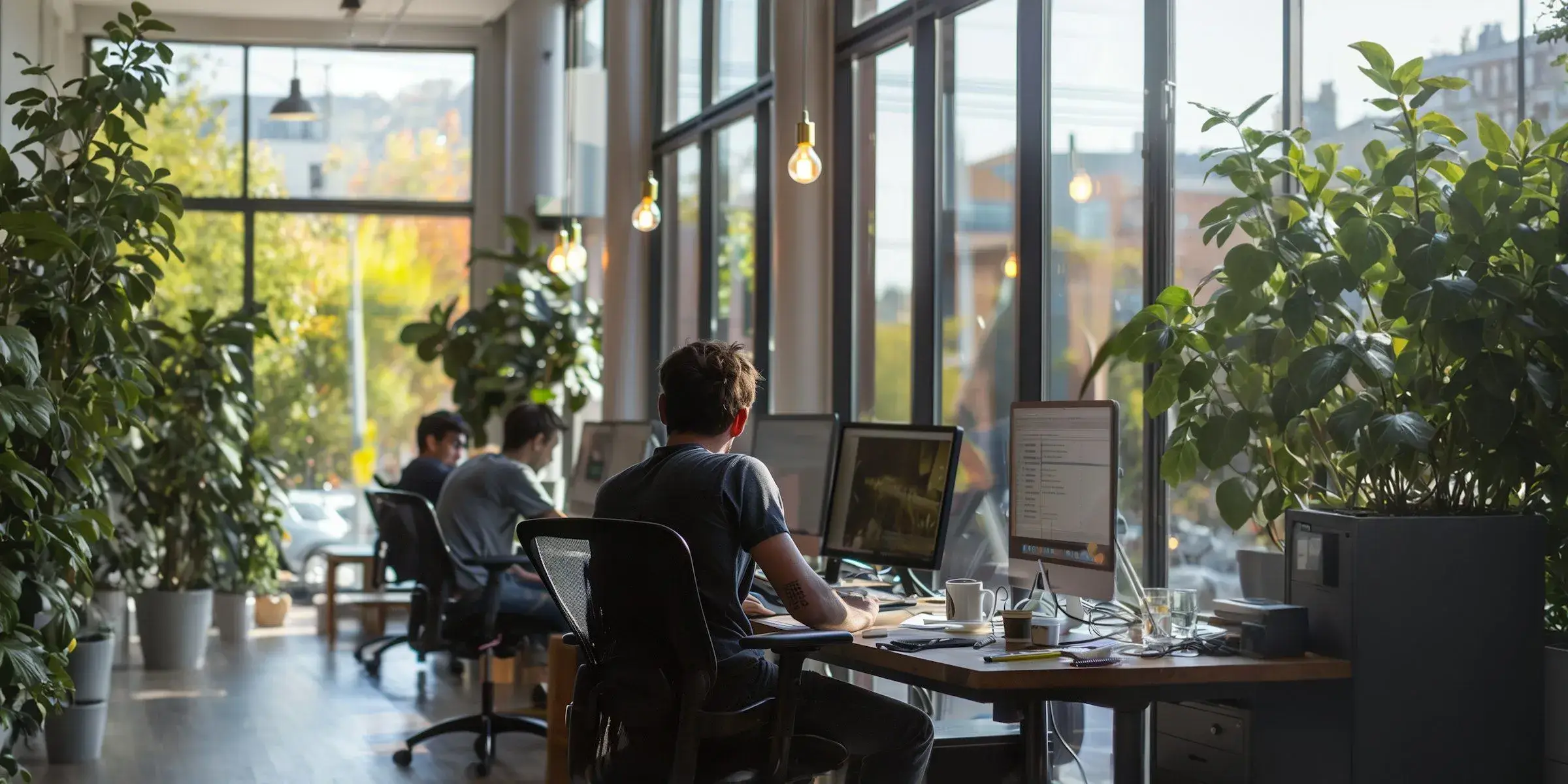 Modern office with large windows, green plants, and people working at desks, representing the positive effects of scent experience in workplaces.