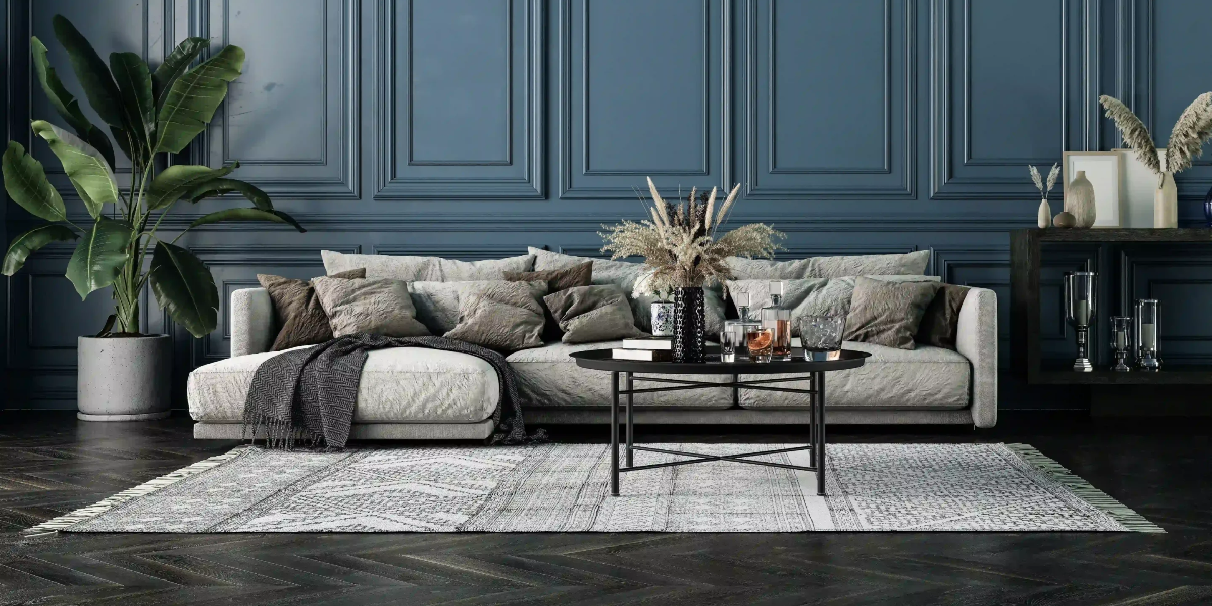 Modern living room with a dark wooden floor, blue paneled wall, and neutral-toned sofa, reflecting the deep and elegant character of bois de cèdre.