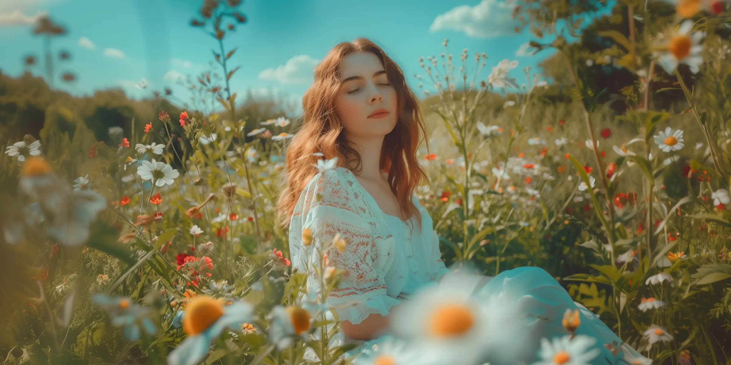 Red-haired woman in a white dress sitting in a flower field with closed eyes, embodying natural scents and the emotional impact of scent marketing for My Jewellery.