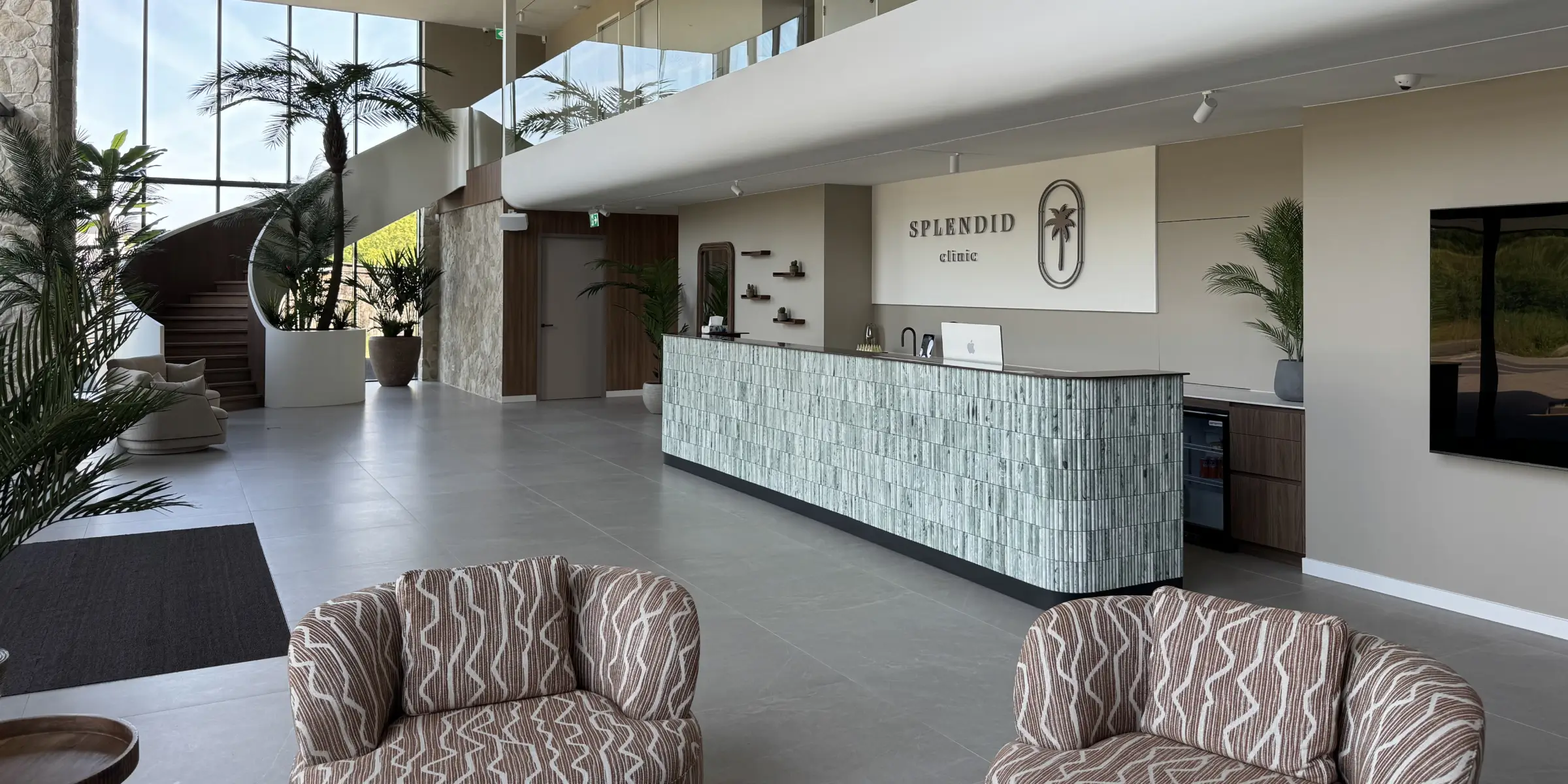 Bright and modern clinic reception area with natural light, palm plants, and stylish seating, representing the serene atmosphere at splendid clinic.