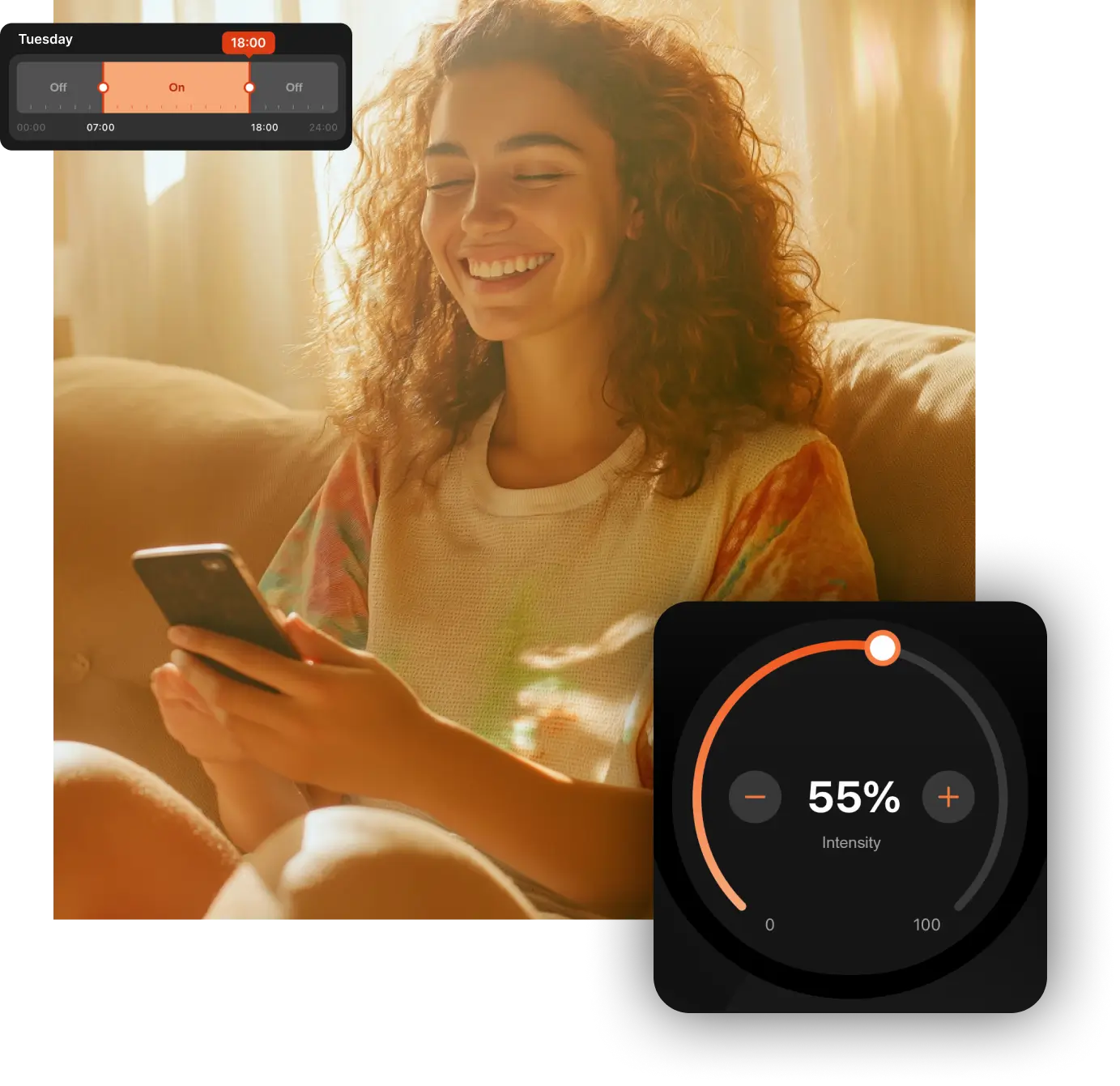 Smiling woman adjusts a zaluti scent machine via smartphone; app dashboard visible with 55% intensity.