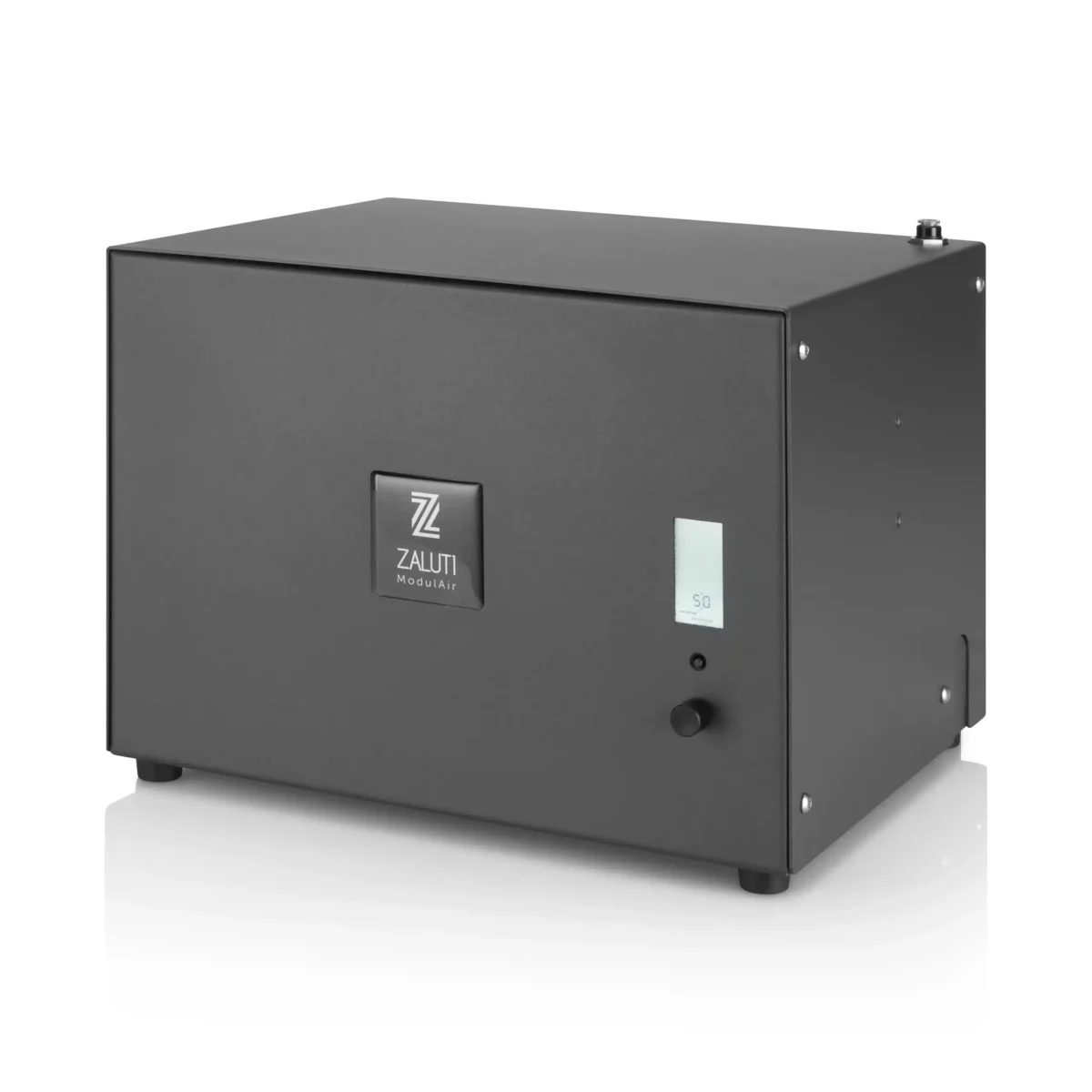 Zaluti ModulAir HVAC scent machine in close-up; black metal housing with digital display and control knob.