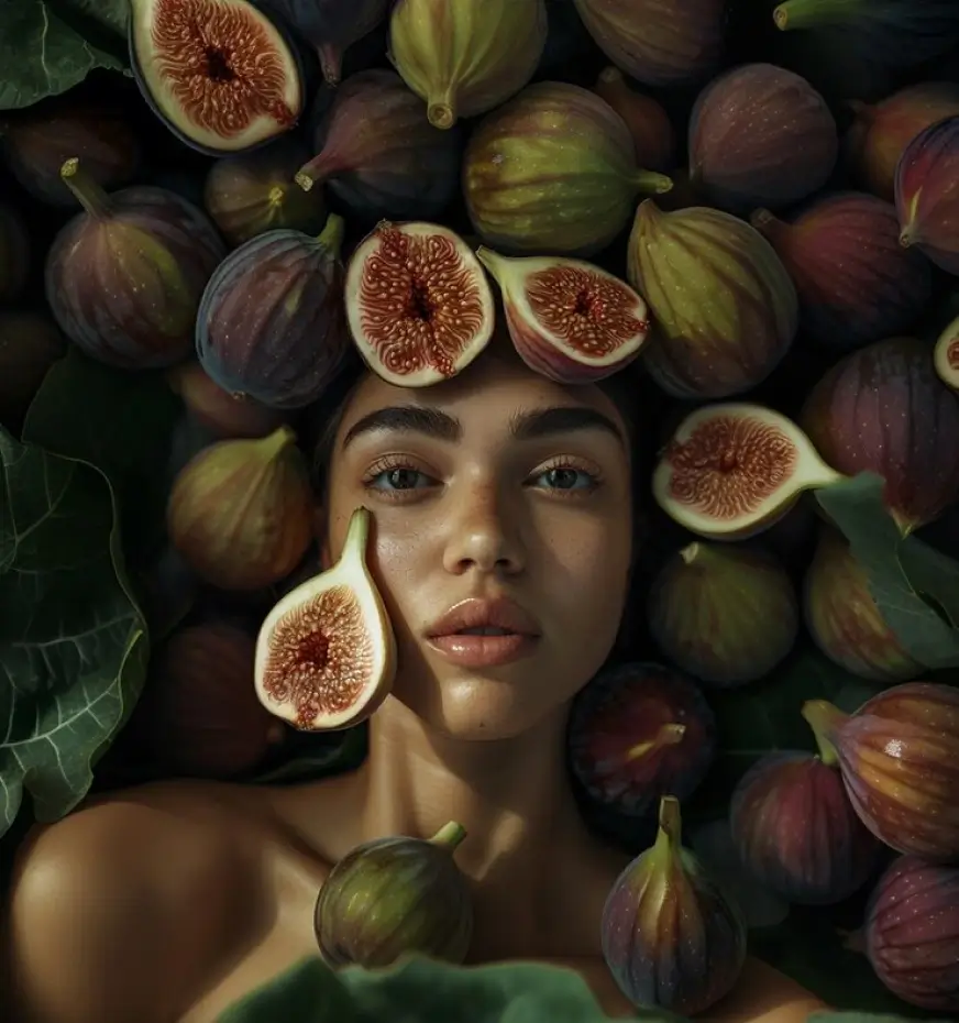 Woman surrounded by fresh figs and green leaves, symbolising natural ingredients and odour neutralisation.