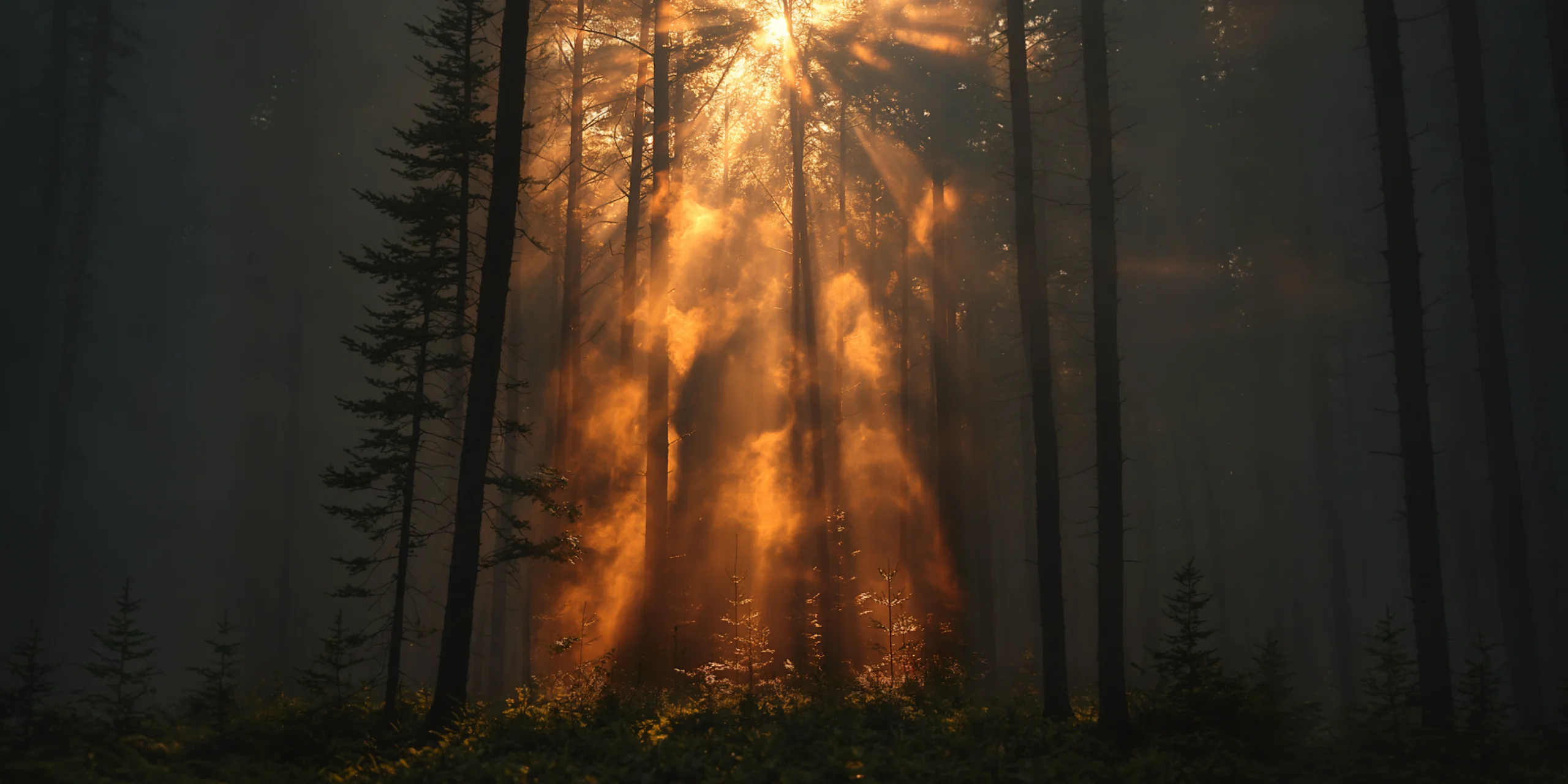 Scent-marketing-forest-sunbeams | zaluti b. V. Sunbeams filtering through tall conifer trees in a misty forest, creating a warm glow that evokes the natural scent of wood and pine.
